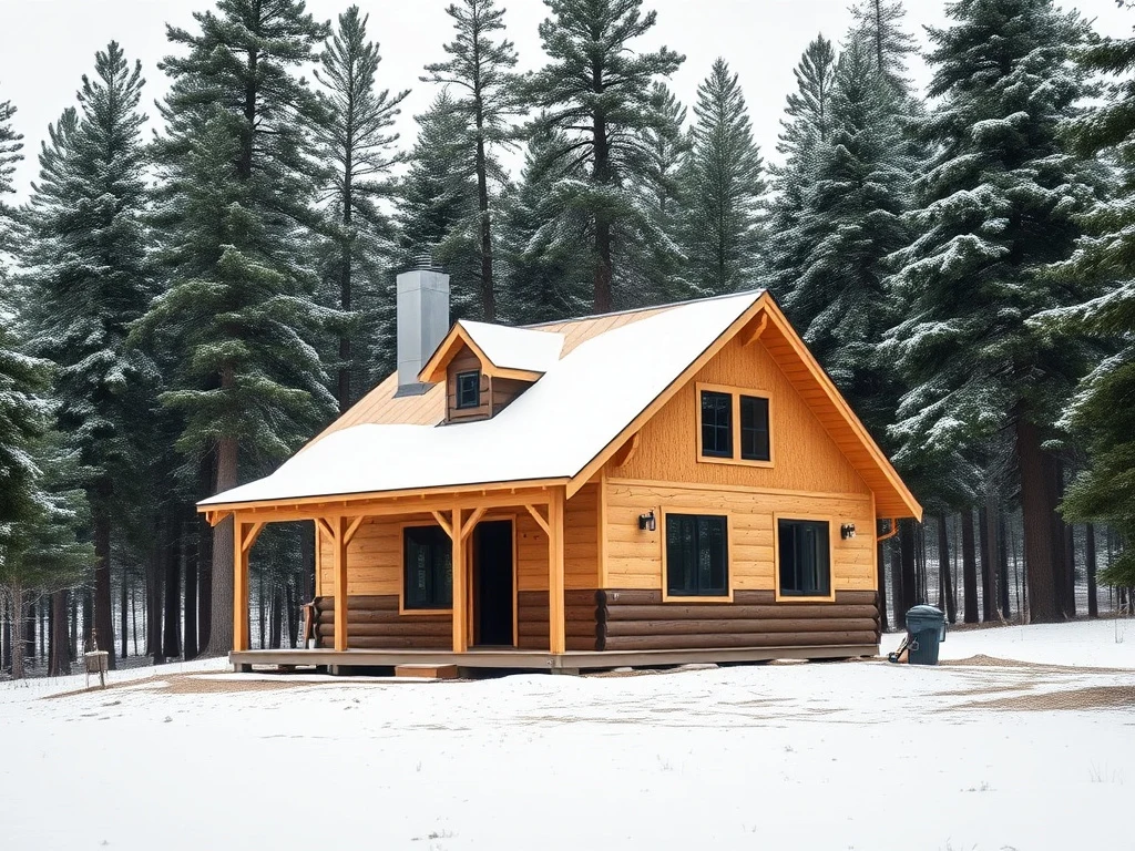 Cabin under construction on a snowy pine-forest lot near Pinetop-Lakeside, Arizona