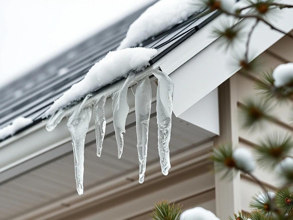 Close-up of an ice dam and icicles forming on a snowy asphalt-shingle roofline in the White Mountains