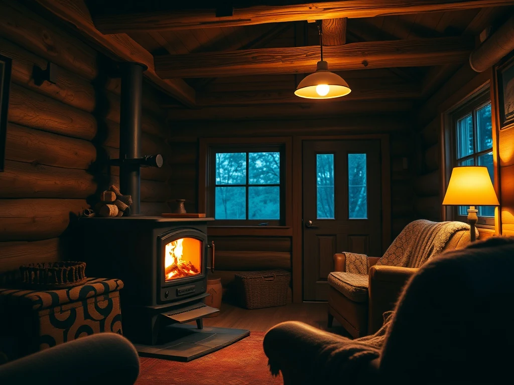 Warm cabin interior with a glowing wood-stove, cozy insulated-home payoff shot