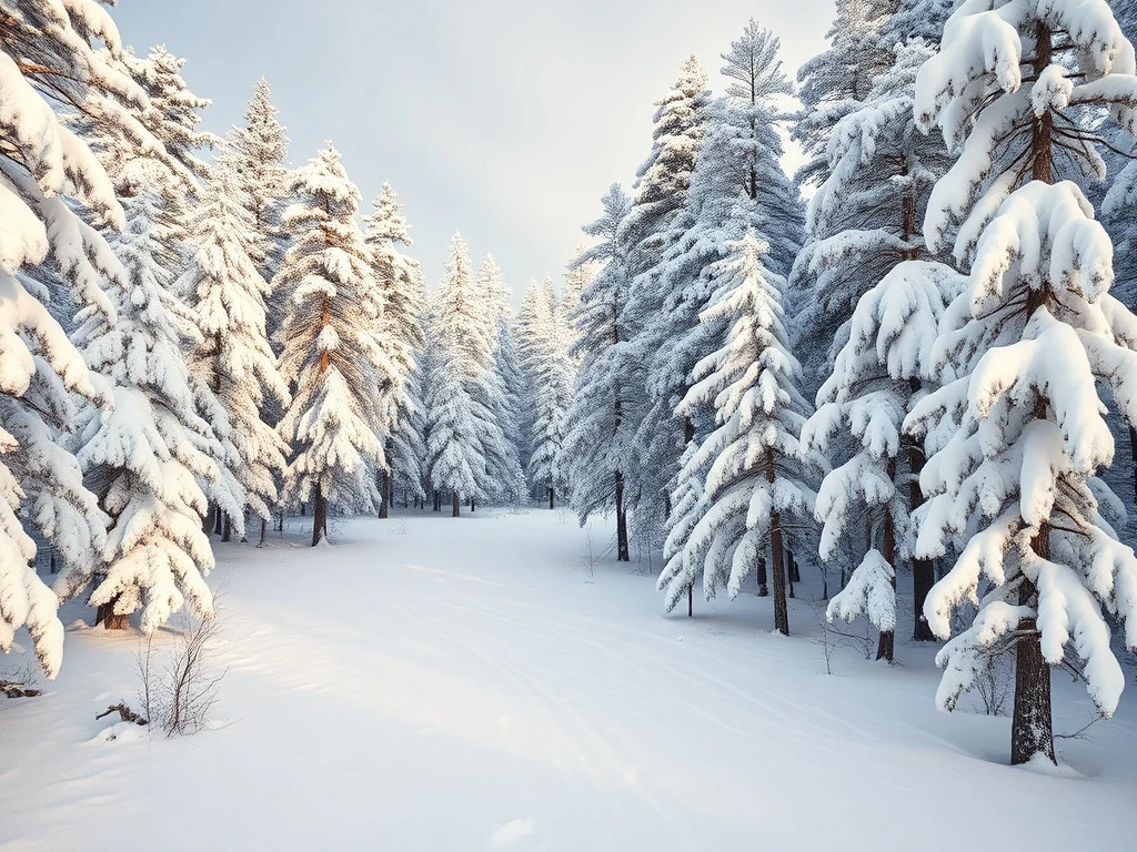 Wide view of snow-covered ponderosa pine forest in the White Mountains near Show Low, Arizona
